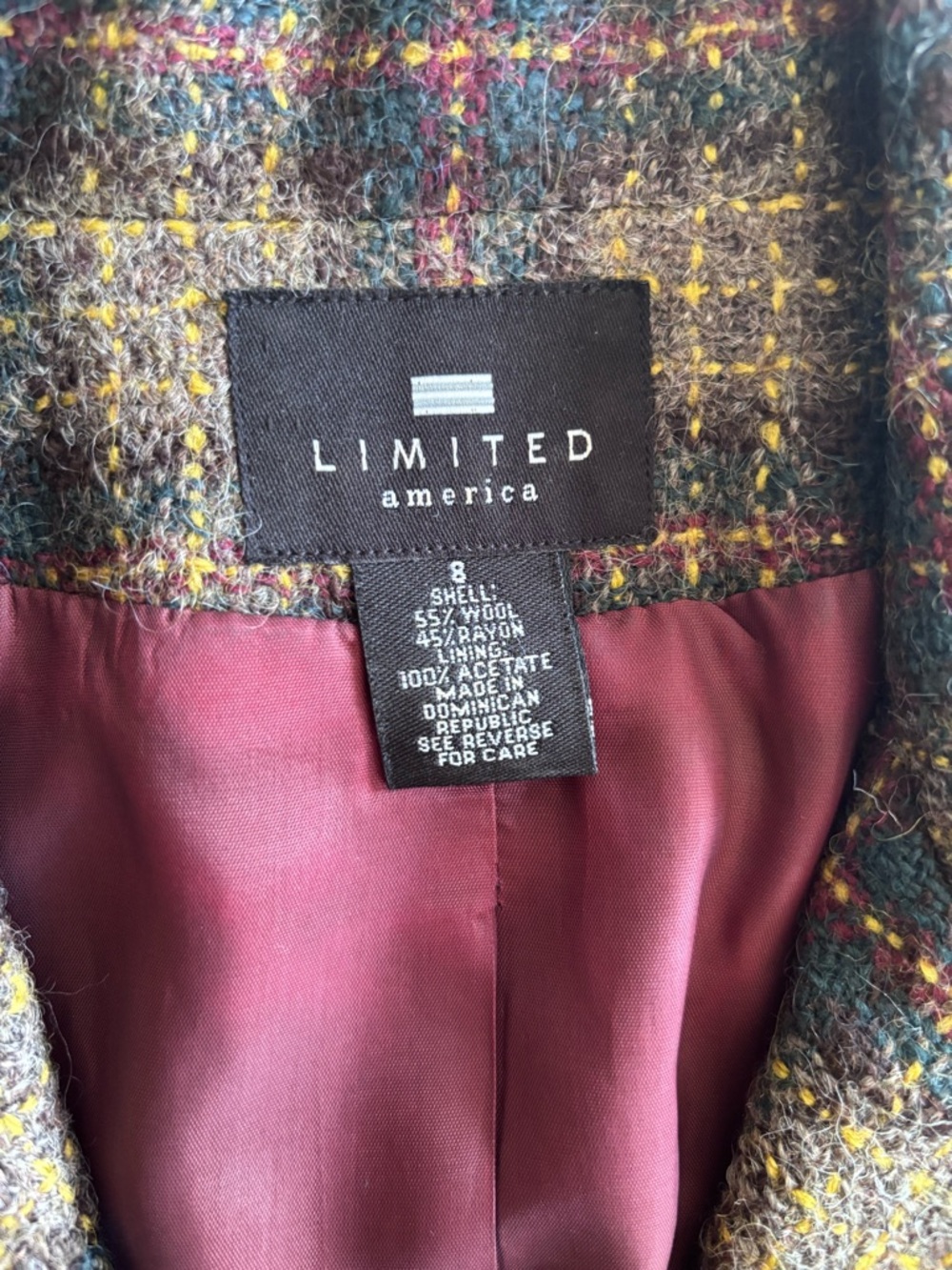 Limited America Vintage Plaid Wool Tweed Blend Blazer Olive Multicolor Size 8 - Picture 5 of 5